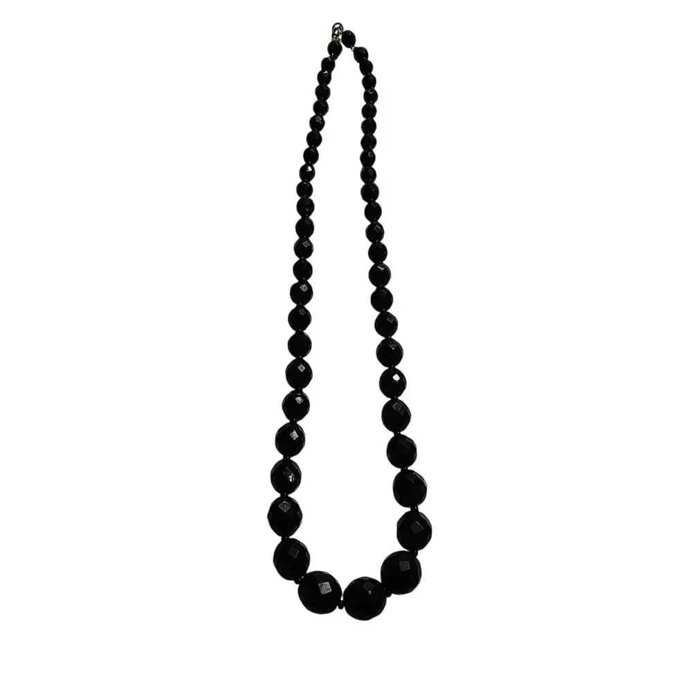 Black Beveled Glass Beaded Vintage Single Strand Necklace Spring Clasp Closurep